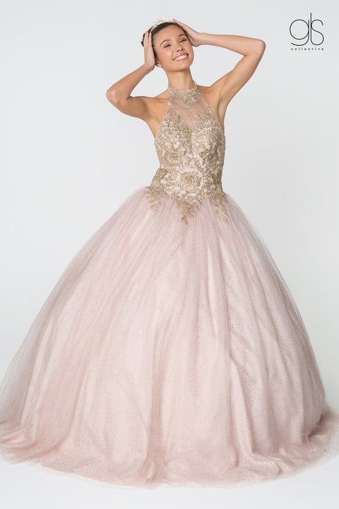 Elizabeth K GL2805: Halter Ball Gown with Gold Applique and Glitter Skirt