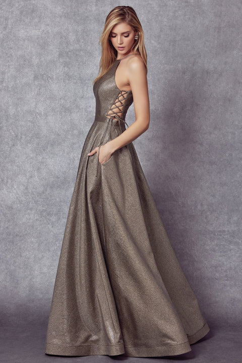 Metallic Lace-Up Halter Gown by Juliet 241