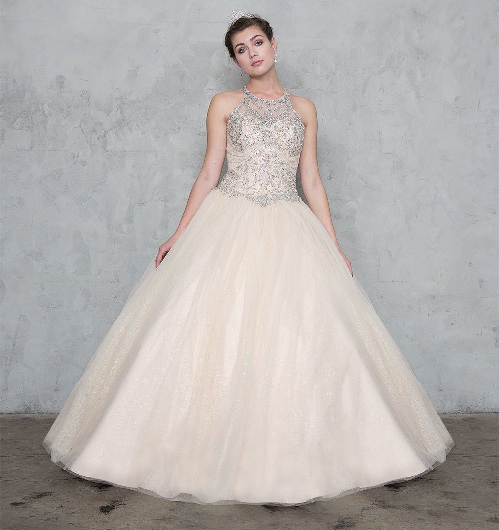 beaded illusion bodice ball gown wedding dress Beaded Illusion Gown with Sheer Corset Bodice & Glitter Tulle Skirt CD764 main image 0