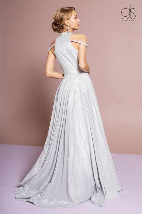 Elizabeth K GL2664: High Neck Cold Shoulder Glitter Crepe Gown