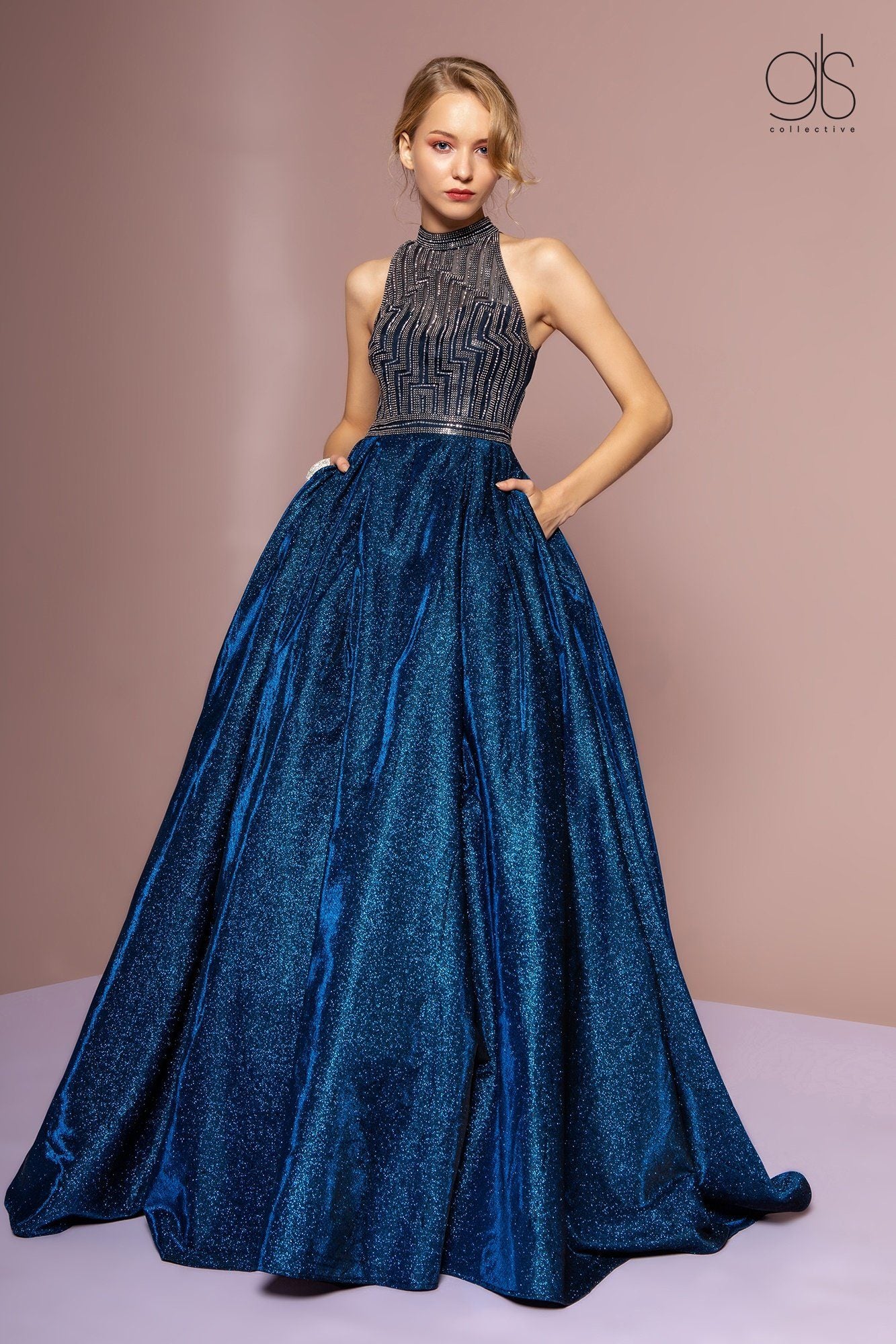 GLS Gloria GL2631: High Neck Evening Gown with Glitter Skirt– sheerdreamz