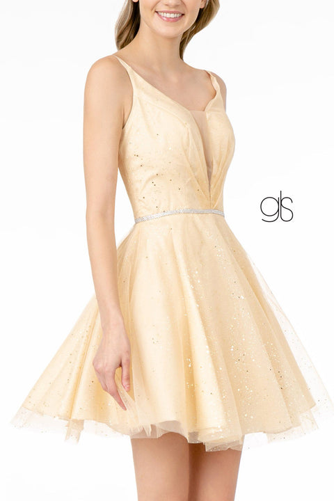 Elizabeth K GS2865: Short Glitter Dress with Illusion Deep V-Neck