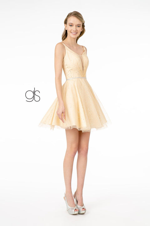 Elizabeth K GS2865: Short Glitter Dress with Illusion Deep V-Neck