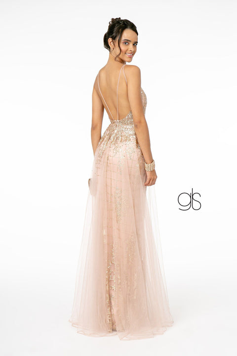 Elizabeth K GL2924: Glitter Mermaid Gown with Illusion V-Neck