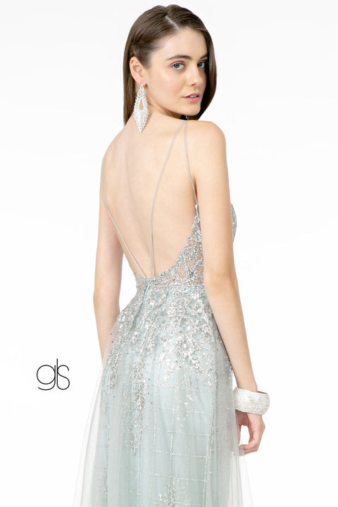 Elizabeth K GL2924: Glitter Mermaid Gown with Illusion V-Neck