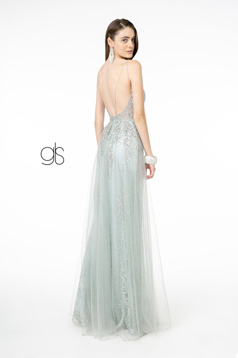 Elizabeth K GL2924: Glitter Mermaid Gown with Illusion V-Neck