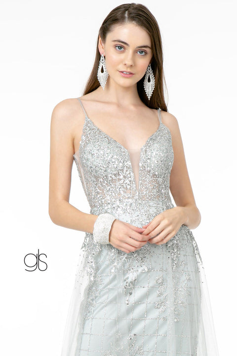 Elizabeth K GL2924: Glitter Mermaid Gown with Illusion V-Neck