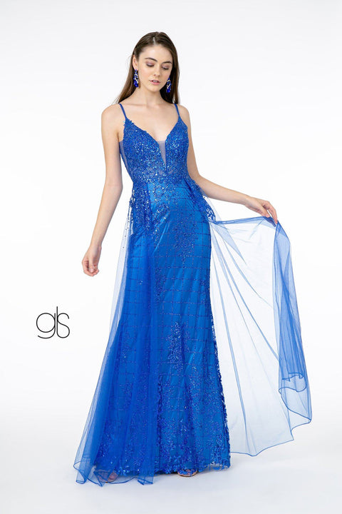 Elizabeth K GL2924: Glitter Mermaid Gown with Illusion V-Neck