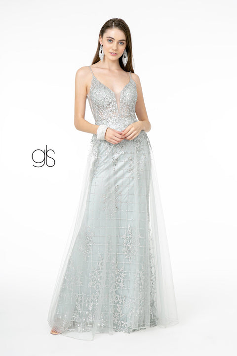 Elizabeth K GL2924: Glitter Mermaid Gown with Illusion V-Neck