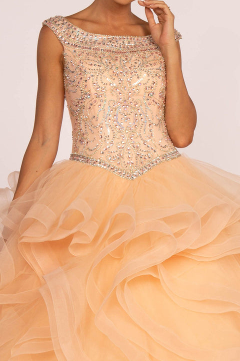 Elizabeth K GL1600: Cap Sleeve Ball Gown with Jeweled Bodice and Layered Skirt