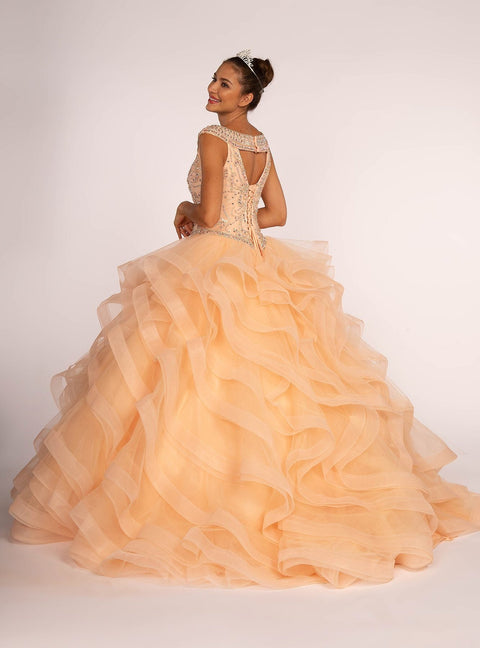 Elizabeth K GL1600: Cap Sleeve Ball Gown with Jeweled Bodice and Layered Skirt