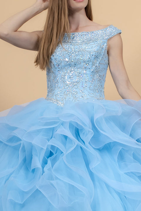 Elizabeth K GL1600: Cap Sleeve Ball Gown with Jeweled Bodice and Layered Skirt