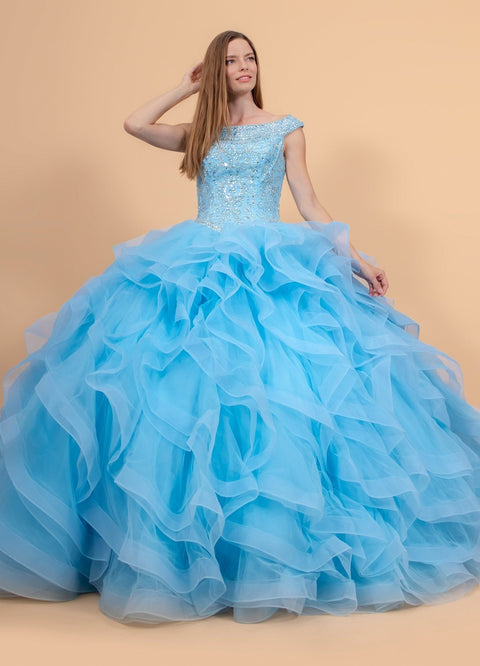 Elizabeth K GL1600: Cap Sleeve Ball Gown with Jeweled Bodice and Layered Skirt