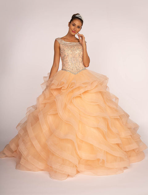 Elizabeth K GL1600: Cap Sleeve Ball Gown with Jeweled Bodice and Layered Skirt