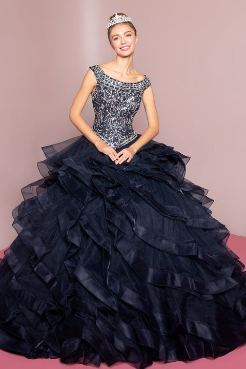 Elizabeth K GL1600: Cap Sleeve Ball Gown with Jeweled Bodice and Layered Skirt