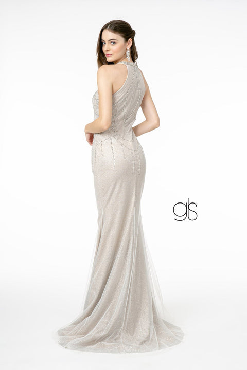 Elizabeth K GL1841: High-Neck Glitter Trumpet Dress with Jeweled Embellishments