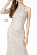 Elizabeth K GL1841: High-Neck Glitter Trumpet Dress with Jeweled Embellishments