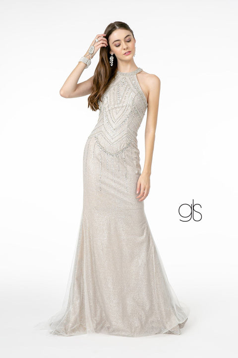 Elizabeth K GL1841: High-Neck Glitter Trumpet Dress with Jeweled Embellishments
