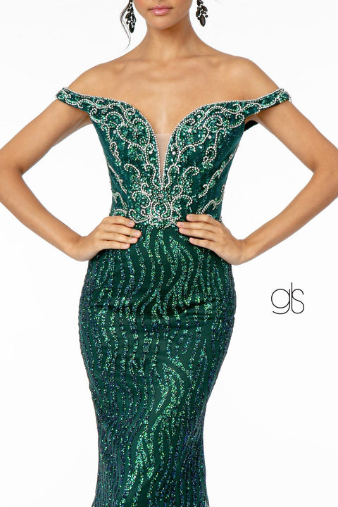 Elizabeth K GL1818: Long Off Shoulder Glitter Dress with Jewels