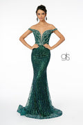 Elizabeth K GL1818: Long Off Shoulder Glitter Dress with Jewels
