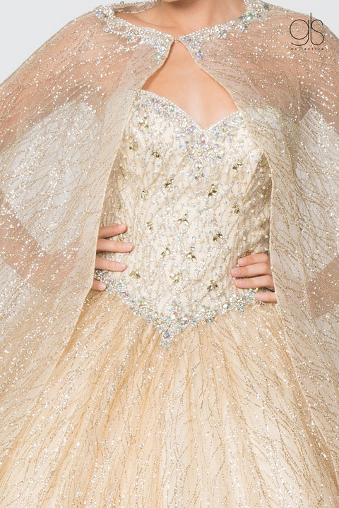 Jeweled Strapless Cape Ball Gown by Elizabeth K GL2801