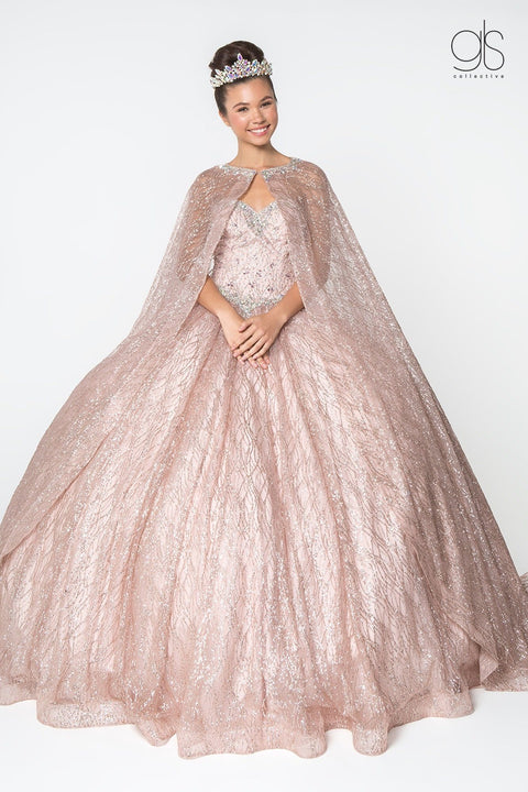 Jeweled Strapless Cape Ball Gown by Elizabeth K GL2801