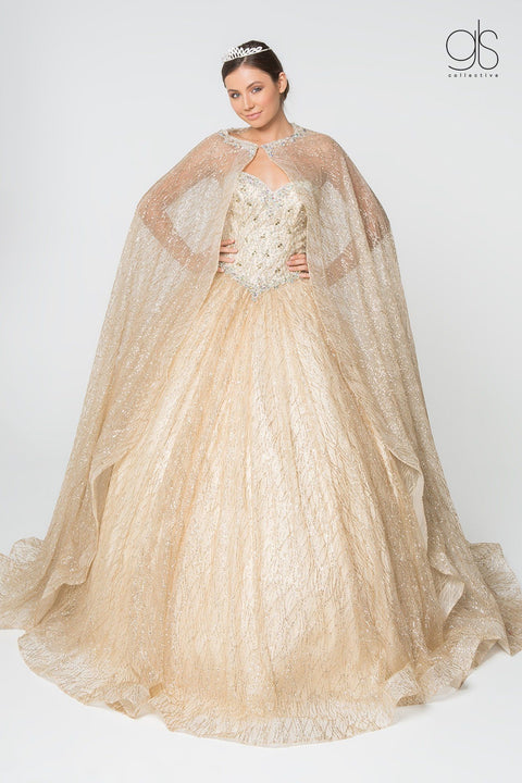 Jeweled Strapless Cape Ball Gown by Elizabeth K GL2801