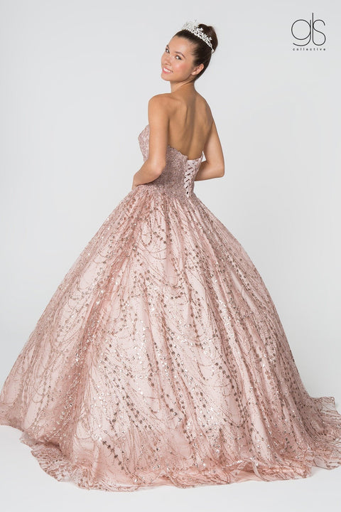 Elizabeth K GL2804: Strapless Glitter Ball Gown with Jeweled Jacket