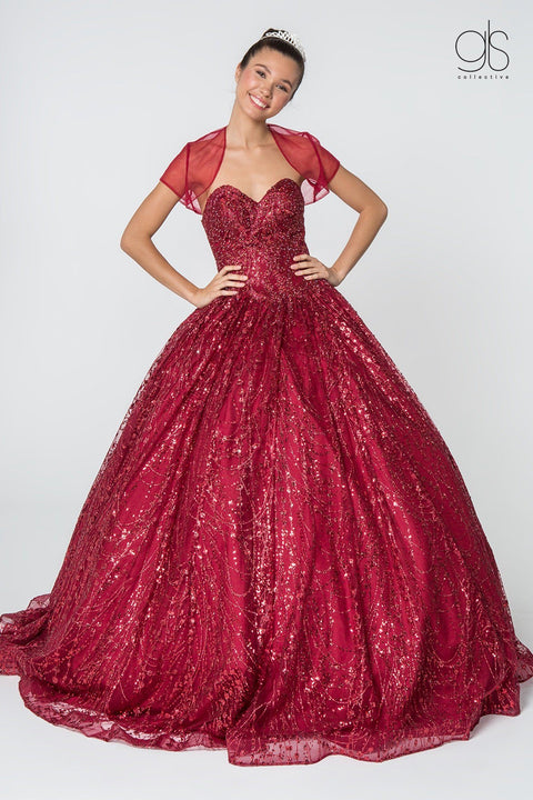 Elizabeth K GL2804: Strapless Glitter Ball Gown with Jeweled Jacket