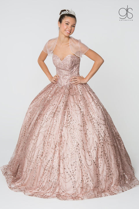 Elizabeth K GL2804: Strapless Glitter Ball Gown with Jeweled Jacket