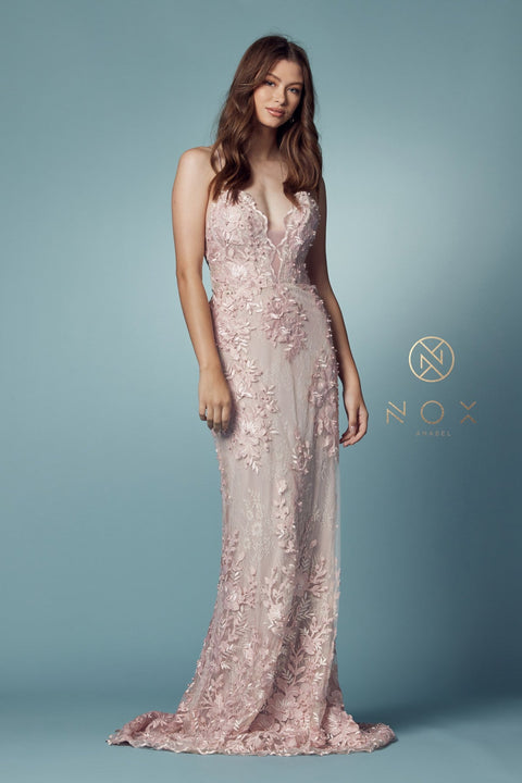 Lace Fitted Overskirt Gown with Appliques by Nox Anabel F485