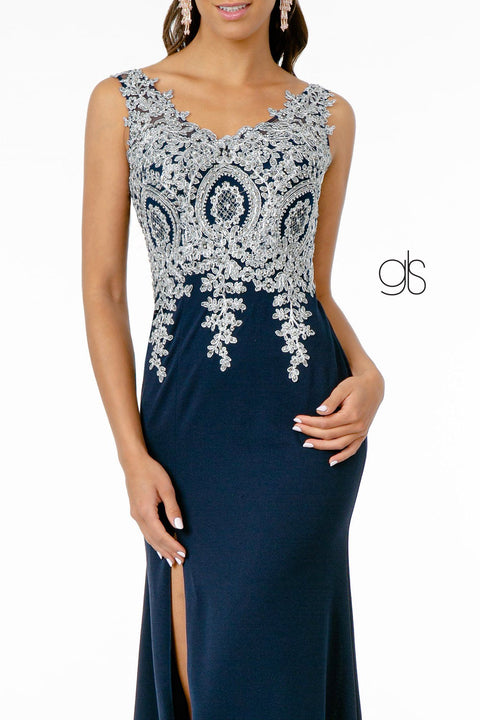 Elizabeth K GL1839: V-Neck Fitted Dress with Lace Applique