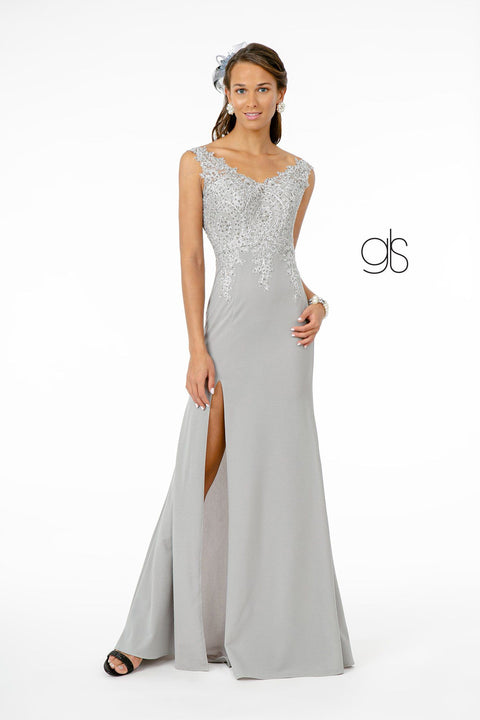Elizabeth K GL1839: V-Neck Fitted Dress with Lace Applique