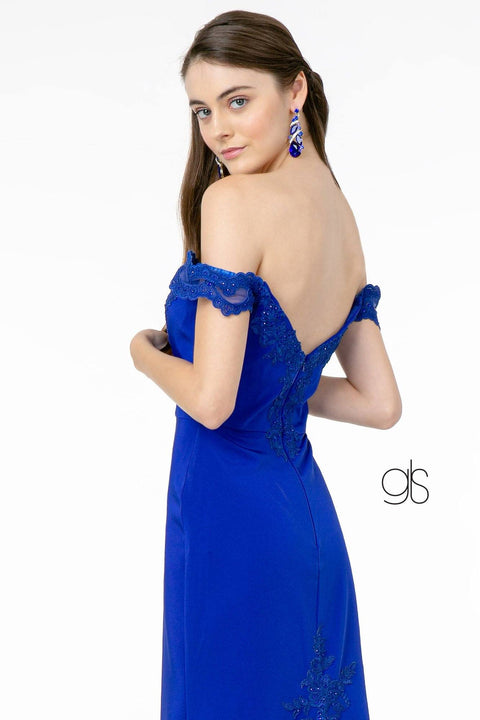 Elizabeth K GL2958: Off-Shoulder Dress with Lace Applique