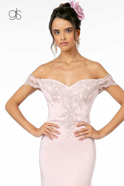 Elizabeth K GL2958: Off-Shoulder Dress with Lace Applique