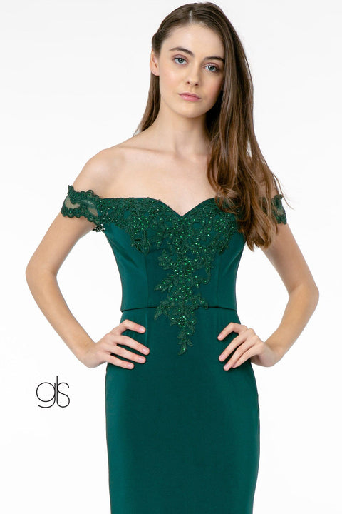 Elizabeth K GL2958: Off-Shoulder Dress with Lace Applique