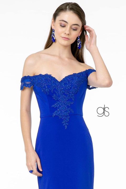 Elizabeth K GL2958: Off-Shoulder Dress with Lace Applique
