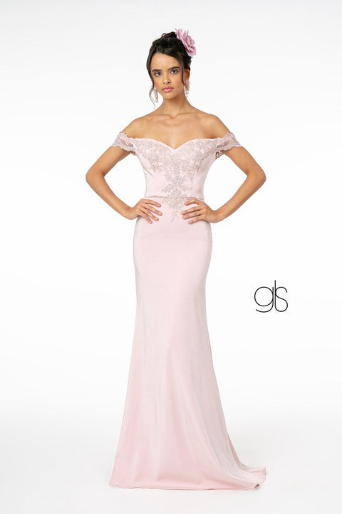 Elizabeth K GL2958: Off-Shoulder Dress with Lace Applique