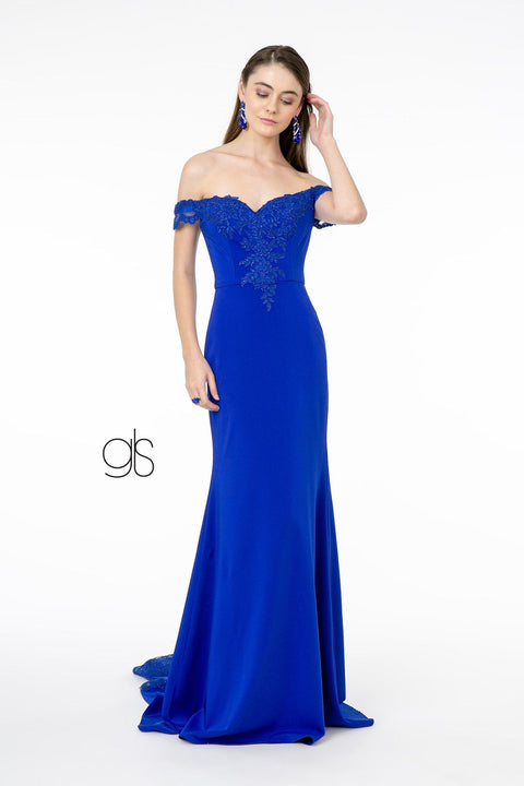 Elizabeth K GL2958: Off-Shoulder Dress with Lace Applique
