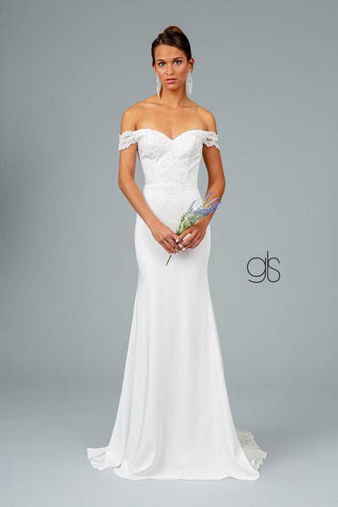 Elizabeth K GL2958: Off-Shoulder Dress with Lace Applique