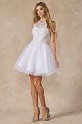 Juliet 826: Short Halter Dress with Lace Applique