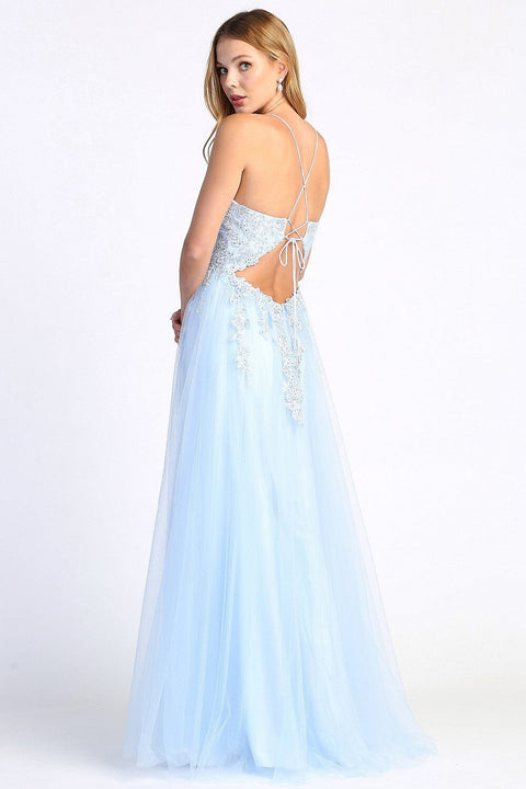 Adora 3077: Sleeveless A-line Gown with Lace Applique and Slit