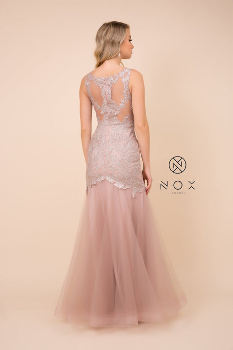Sleeveless Mermaid Dress with Lace Appliques by Nox Anabel A396