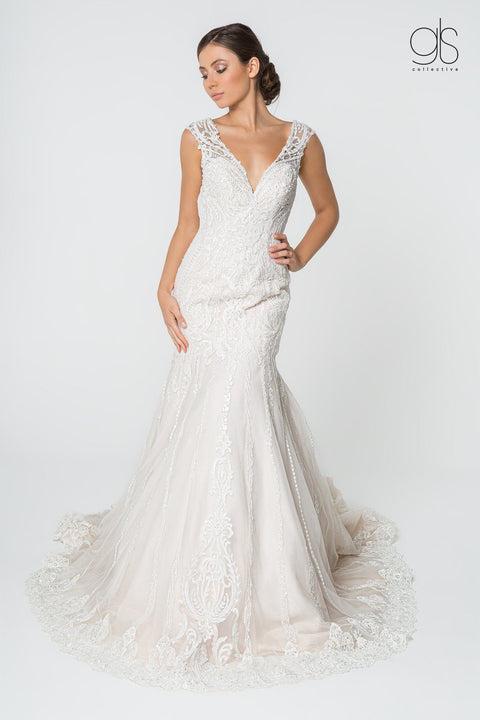 Elizabeth K Gl2821: Deep V-Neck Wedding Gown with Lace Embellishments