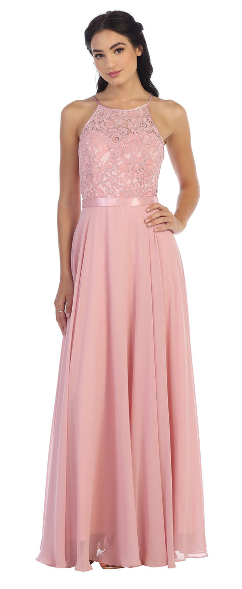 Halter Lace Chiffon Long Bridesmaids Dress