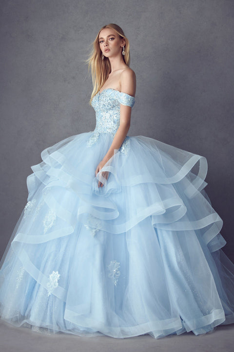 Off Shoulder Layered Glitter Ball Gown by Juliet 1432