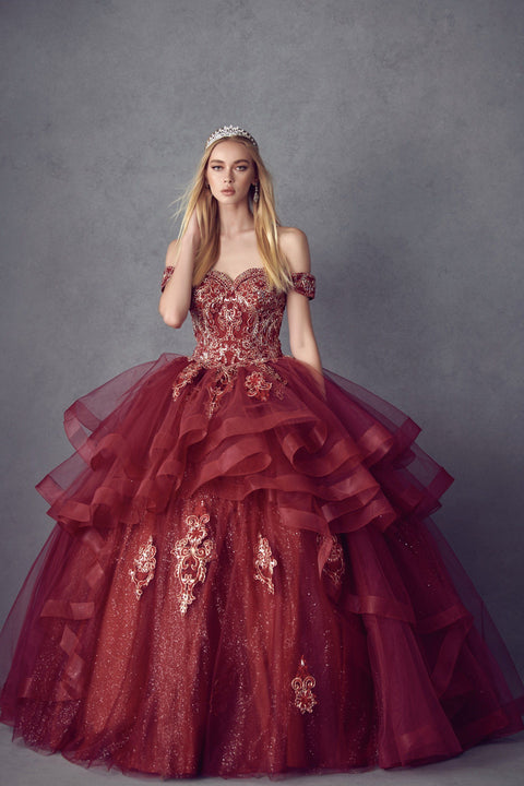 Off Shoulder Layered Glitter Ball Gown by Juliet 1432