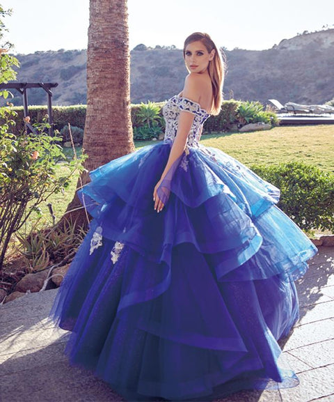 Off Shoulder Layered Glitter Ball Gown by Juliet 1432