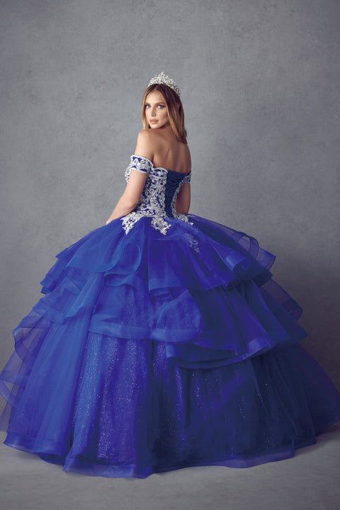 Off Shoulder Layered Glitter Ball Gown by Juliet 1432