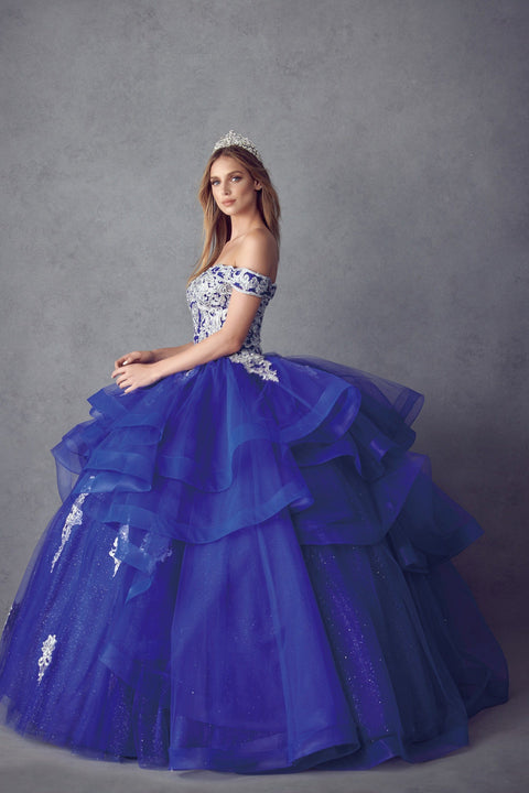 Off Shoulder Layered Glitter Ball Gown by Juliet 1432